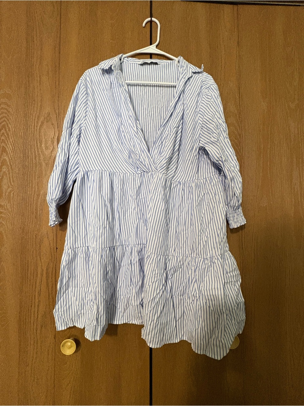 Zara Light Blue and White Striped V-Neck Tiered Mini Dress